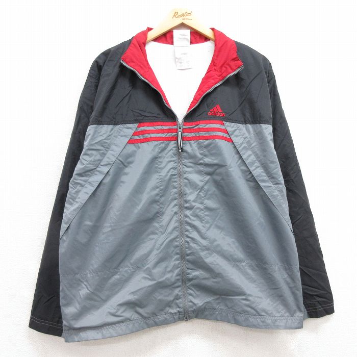 M★古着 アディダス adidas 長袖 ナイロン ジャケット メンズ 90年代 90s ワンポイントロゴ グレー他 3本ライン 【spe】 25feb05 中古 アウター ウインドブレーカー