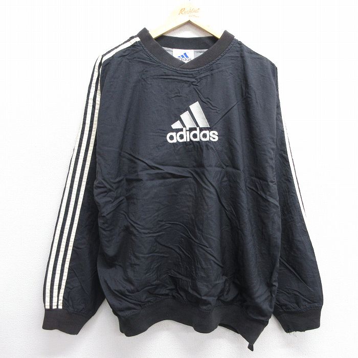 XL★古着 アディダス adidas 長袖 ナイロン ジャケット メンズ 90年代 90s ビッグロゴ クルーネック 黒他 ブラック 25feb06 中古 アウター ウインドブレーカー