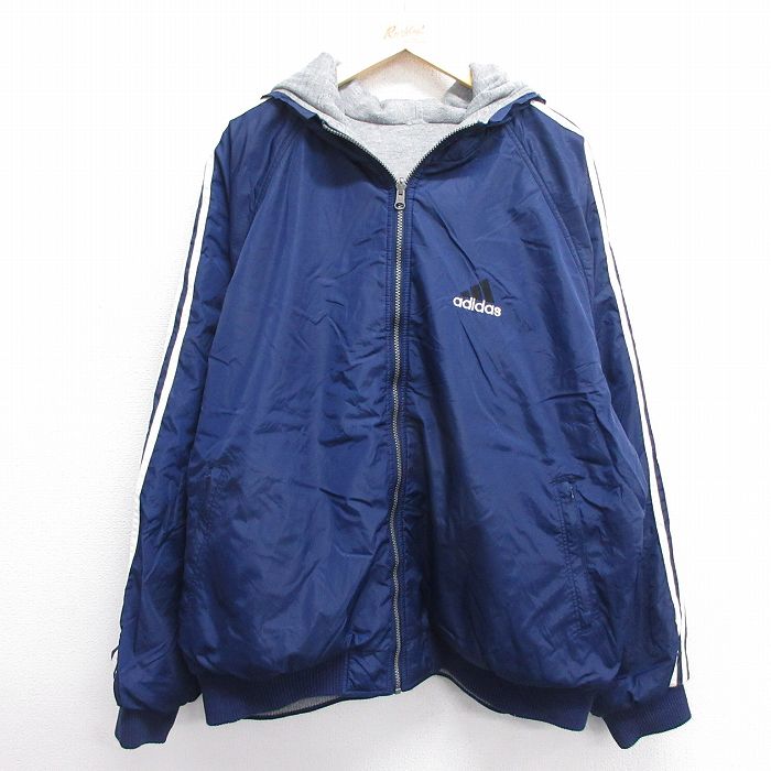 XL★古着 アディダス adidas 長袖 ナイロン ジャケット パーカー メンズ 90年代 90s ビッグロゴ リバーシブル ラグラン 大きいサイズ 紺他 ネイビー 【spe】 25feb06 中古 アウター ウインドブレーカー