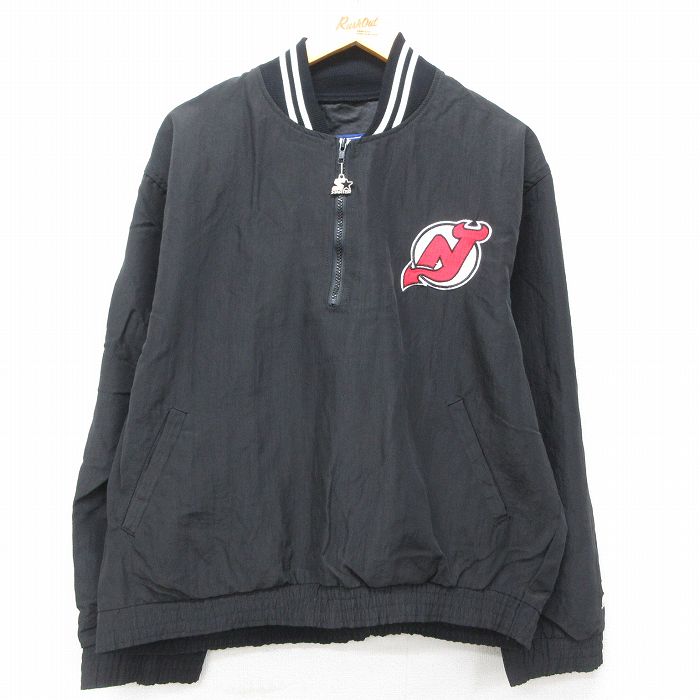 XL★古着 スターター STARTER 長袖 ハーフジップ ナイロン ジャケット メンズ 90年代 90s NHL ニュージャージーデビルズ 大きいサイズ USA製 黒 ブラック アイスホッケー 【spe】 25feb06 中古 アウター ウインドブレーカー