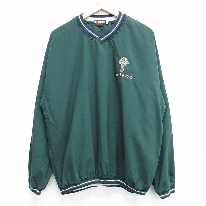 XL★古着 長袖 ナイロン ジャケット メンズ 90年代 90s アイルランド Vネック USA製 緑他 グリーン 25feb12 中古 アウター ウインドブレーカー