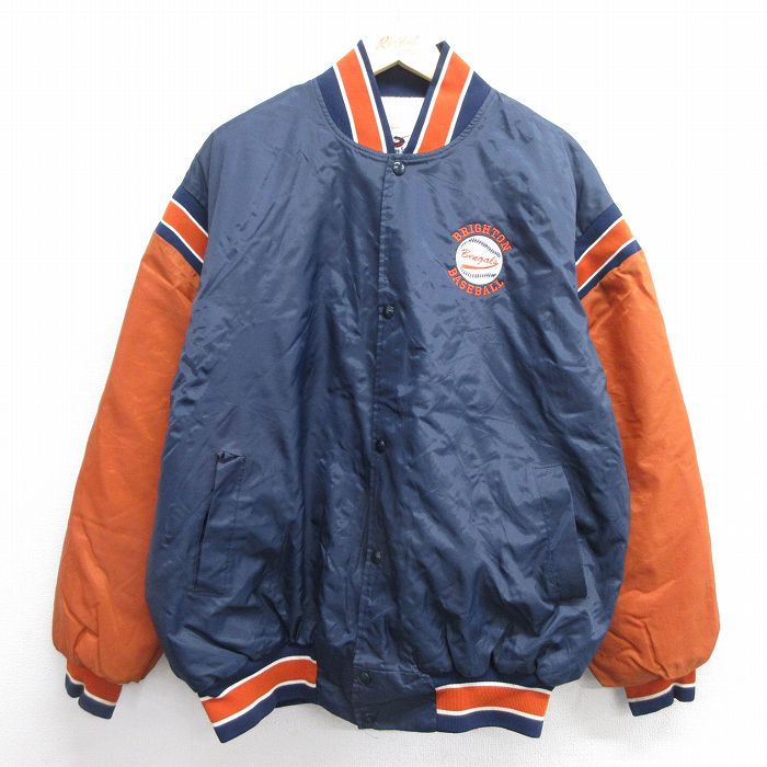XL★古着 長袖 ナイロン ジャケット スタジャン メンズ 90年代 90s ベースボール USA製 紺他 ネイビー 内側キルティング 25feb12 中古 アウター ウインドブレーカー