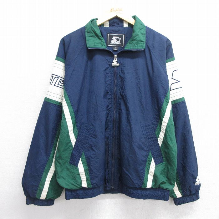 【50%OFF】XL★古着 スターター STARTER 長袖 ナイロン ジャケット メンズ 90年代 90s ビッグロゴ 刺繍 紺他 ネイビー 内側メッシュ 【spe】 25feb14 中古 アウター ウインドブレーカー