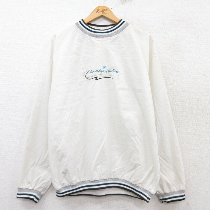 【50%OFF】L★古着 長袖 ナイロン ジャケット メンズ 90年代 90s Seas 刺繍 クルーネック USA製 白他 ホワイト 25feb14 中古 アウター ウインドブレーカー