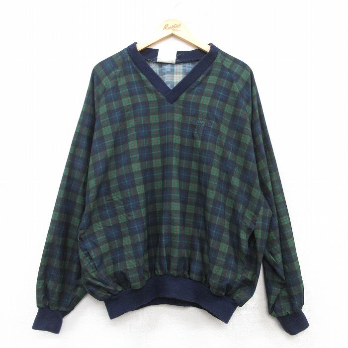 XL★古着 長袖 ナイロン ジャケット メンズ 90年代 90s SUNDERLAND 大きいサイズ ラグラン Vネック 紺他 ネイビー チェック 25feb15 中古 アウター ウインドブレーカー