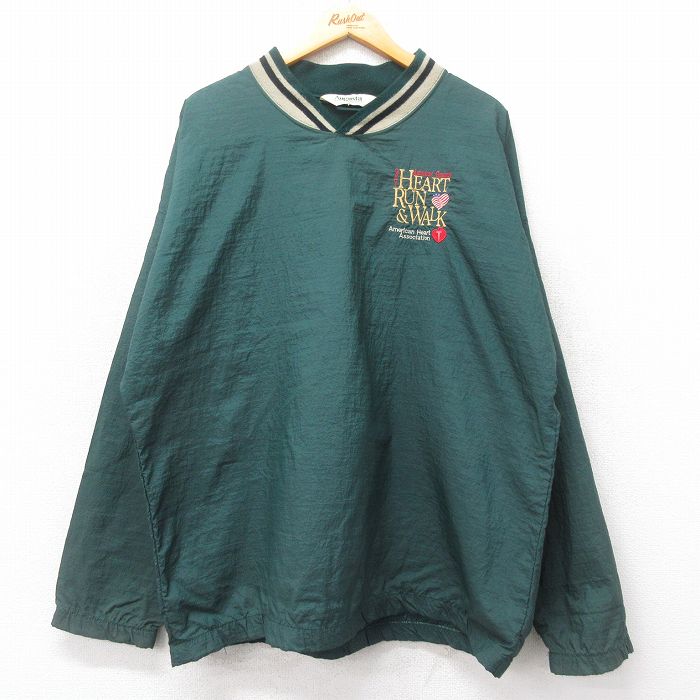 XL★古着 長袖 ナイロン ジャケット メンズ 90年代 90s ハート 大きいサイズ Vネック USA製 緑他 グリーン 25feb15 中古 アウター ウインドブレーカー