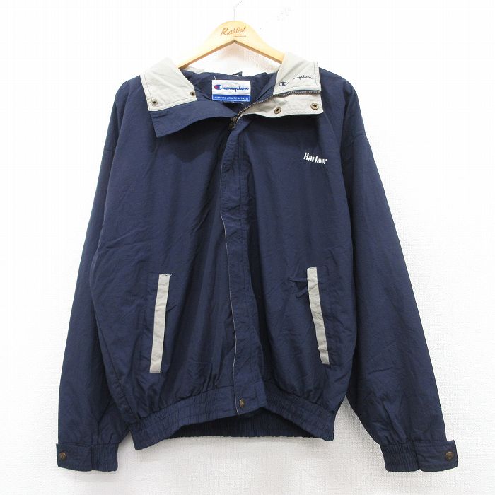 XL★古着 チャンピオン Champion 長袖 ナイロン ジャケット メンズ リーバー 紺 ネイビー 25feb20 中古 アウター ウインドブレーカー