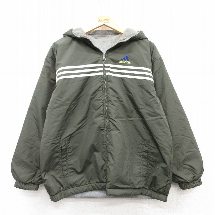 【50%OFF】M★古着 アディダス adidas 長袖 ナイロン ジャケット パーカー メンズ 90年代 90s ビッグロゴ 刺繍 リバーシブル 緑他 グリーン 3本ライン 25feb20 中古 アウター ウインドブレーカー