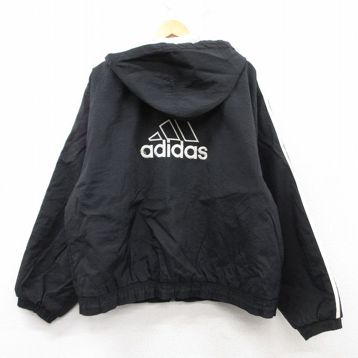 XL★古着 アディダス adidas 長袖 ナイロン ジャケット パーカー メンズ 90年代 90s ビッグロゴ 刺繍 黒他 ブラック 25feb20 中古 アウター ウインドブレーカー