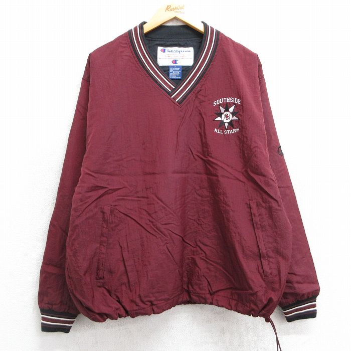 L★古着 チャンピオン champion 長袖 ナイロン ジャケット メンズ 00年代 00s ベースボール 野球 サウスサイド Vネック エンジ 25feb22 中古 アウター ウインドブレーカー