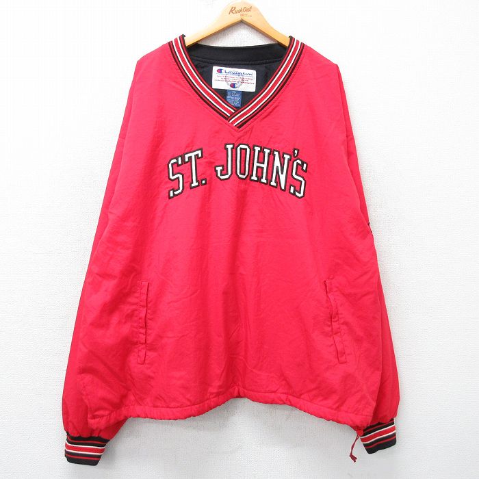 XL★古着 チャンピオン champion 長袖 ナイロン ジャケット メンズ 00年代 00s セントジョンズ 刺繍 大きいサイズ Vネック 赤他 レッド 25feb25 中古 アウター ウインドブレーカー