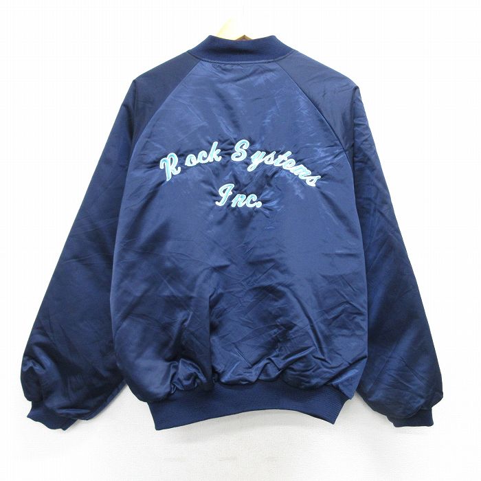 XL★古着 長袖 ナイロン ジャケット メンズ 80年代 80s ROCK 刺繍 ラグラン USA製 紺 ネイビー 内側キルティング 【spe】 25feb25 中古 アウター ウインドブレーカー