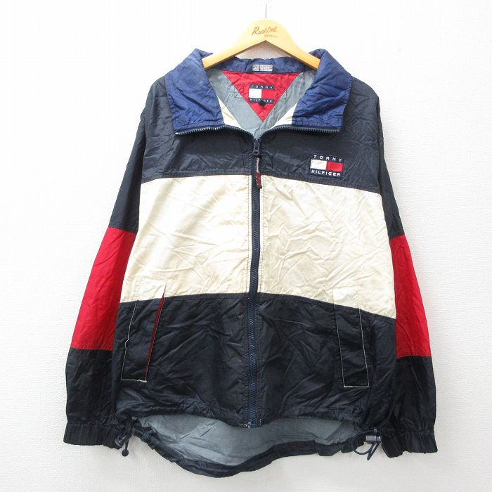 XL★古着 トミーヒルフィガー TOMMY HILFIGER 長袖 ブランド ナイロン ジャケット メンズ 90年代 90s ワンポイントロゴ 濃紺他 ネイビー 25feb28 中古 アウター ウインドブレーカー