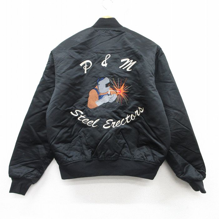 L★古着 長袖 ナイロン ジャケット メンズ 90年代 90s P&M 刺繍 USA製 黒 ブラック 内側キルティング 25mar04 中古 アウター ウインドブレーカー