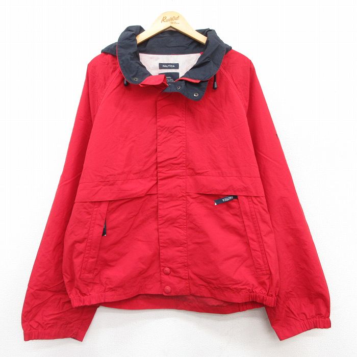 【20%OFF】XL★古着 ノーティカ NAUTICA 長袖 ブランド ナイロン ジャケット パーカー メンズ ワンポイントロゴ 大きいサイズ ラグラン 赤 レッド 内側メッシュ 25mar24 中古 アウター ウインドブレーカー