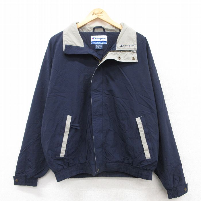 【20%OFF】L★古着 チャンピオン Champion 長袖 ナイロン ジャケット メンズ ワンポイントロゴ 紺 ネイビー 25mar24 中古 アウター ウインドブレーカー