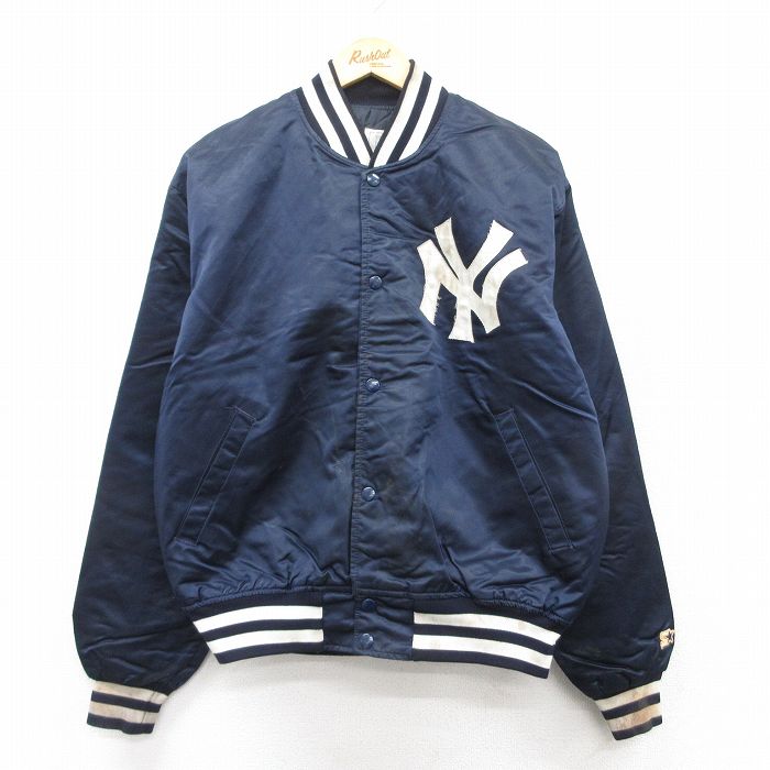 XL★古着 スターター STARTER 長袖 ナイロン ジャケット メンズ 90年代 90s MLB ニューヨークヤンキース 紺他 ネイビー 内側キルティング メジャーリーグ ベースボール 野球 【spe】 25mar25 中古 アウター ウインドブレーカー