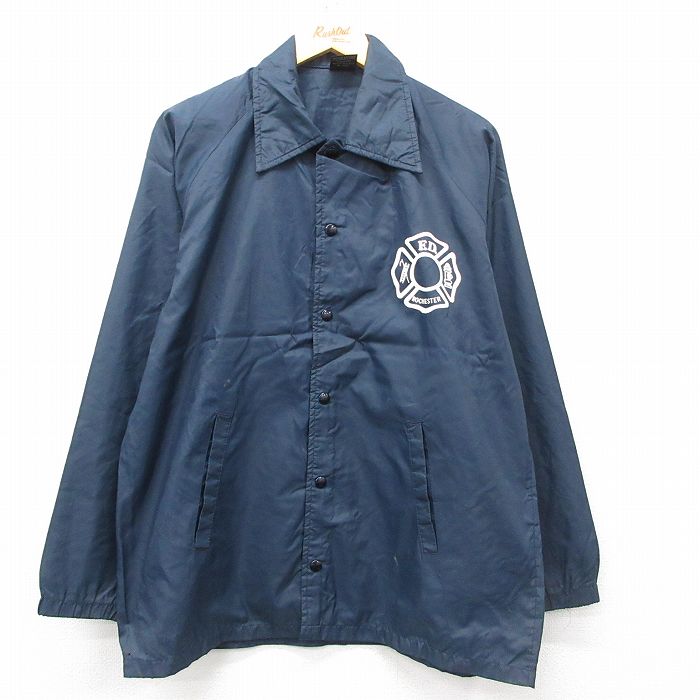 M★古着 長袖 ナイロン ジャケット メンズ 90年代 90s 消防署 ラグラン USA製 紺 ネイビー 25mar27 中古 アウター ウインドブレーカー
