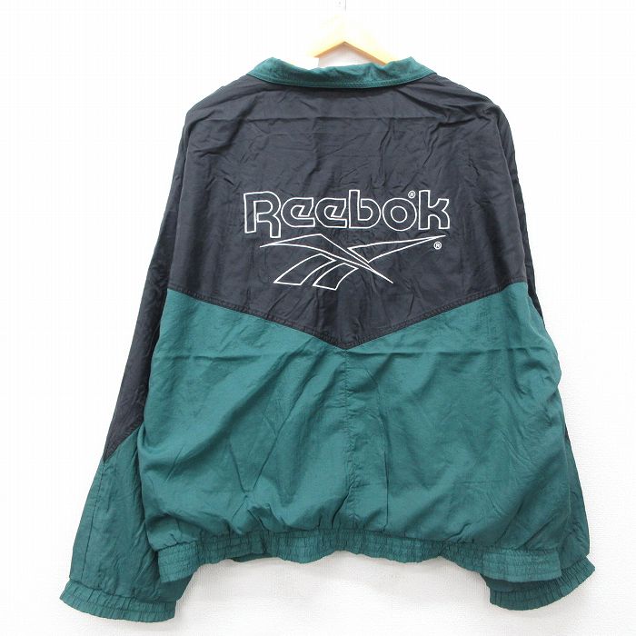 XL★古着 リーボック REEBOK 長袖 ナイロン ジャケット メンズ 90年代 90s ビッグロゴ 刺繍 ツートンカラー 黒他 ブラック 25mar27 中古 アウター ウインドブレーカー
