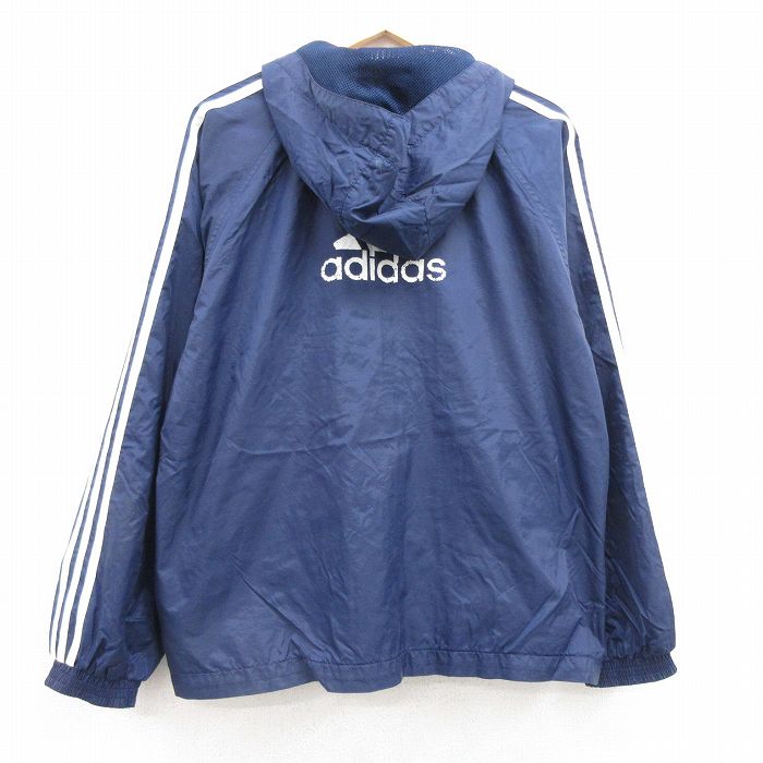 【50%OFF】L★古着 アディダス adidas 長袖 ナイロン ジャケット パーカー メンズ 90年代 90s ビッグロゴ ラグラン 紺 ネイビー 3本ライン 内側メッシュ 25apr12 中古 アウター ウインドブレーカー