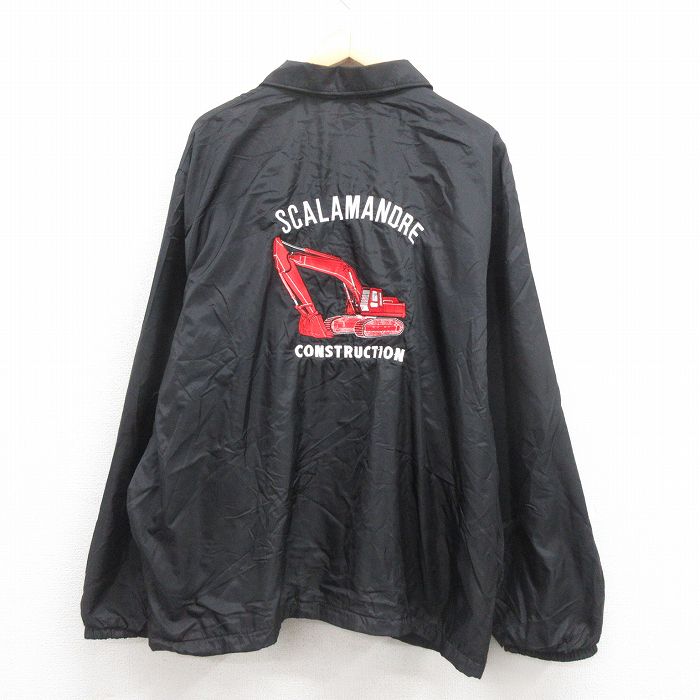 XL★古着 長袖 ナイロン ジャケット メンズ 90年代 90s ショベルカー 刺繍 大きいサイズ USA製 黒 ブラック 25aug30 中古 アウター ウインドブレーカー