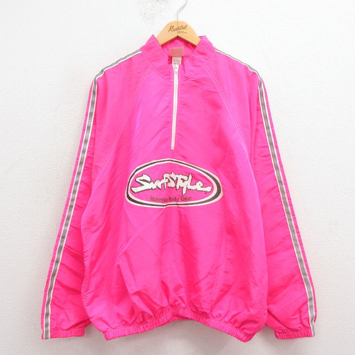 XL★古着 サーフスタイル 長袖 ハーフジップ ナイロン ジャケット メンズ 90年代 90s ビッグロゴ 大きいサイズ ピンク他 25sep04 中古 アウター ウインドブレーカー