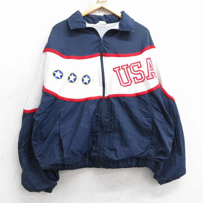 XL★古着 長袖 ナイロン ジャケット メンズ 90年代 90s USAロゴ 大きいサイズ USA製 紺他 ネイビー 25sep04 中古 アウター ウインドブレーカー