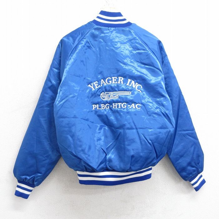 M★古着 長袖 ナイロン ジャケット メンズ 80年代 80s YEAGER INC 刺繍 ラグラン USA製 青 ブルー 内側キルティング 25sep04 中古 アウター ウインドブレーカー