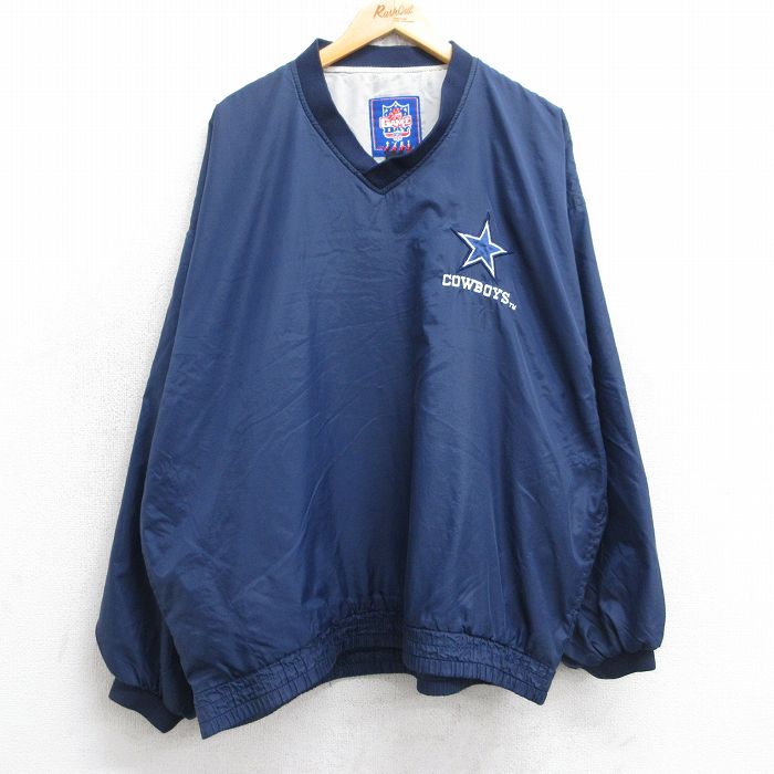 XL★古着 長袖 ナイロン ジャケット メンズ NFL ダラスカウボーイズ 大きいサイズ Vネック 紺 ネイビー アメフト スーパーボウル 25sep05 中古 アウター ウインドブレーカー