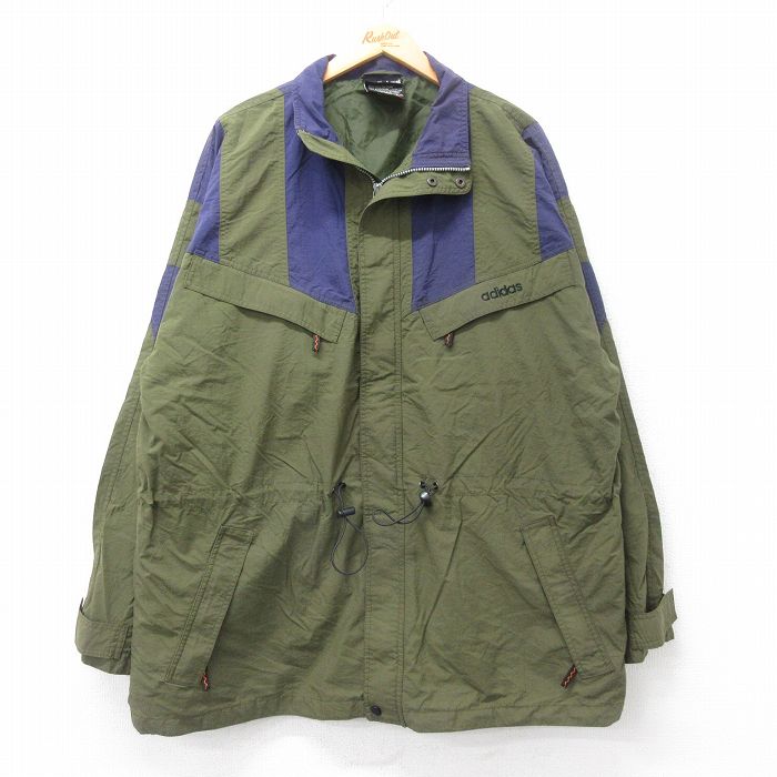 XL★古着 アディダス adidas 長袖 ナイロン ジャケット メンズ 90年代 90s ワンポイントロゴ 大きいサイズ ロング丈 緑系他 グリーン 【spe】 25sep16 中古 アウター ウインドブレーカー