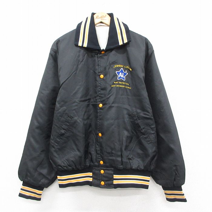 XL★古着 長袖 ナイロン ジャケット メンズ 80年代 80s 星AL 襟付き 大きいサイズ USA製 黒 ブラック 内側キルティング 25sep20 中古 アウター ウインドブレーカー