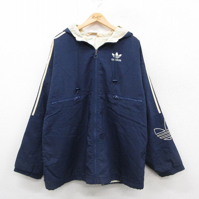 XL★古着 アディダス adidas 長袖 ナイロン ジャケット パーカー メンズ 00年代 00s ワンポイントロゴ リーフ トレフォイル 大きいサイズ 濃紺 ネイビー 25sep25 中古 アウター ウインドブレーカー