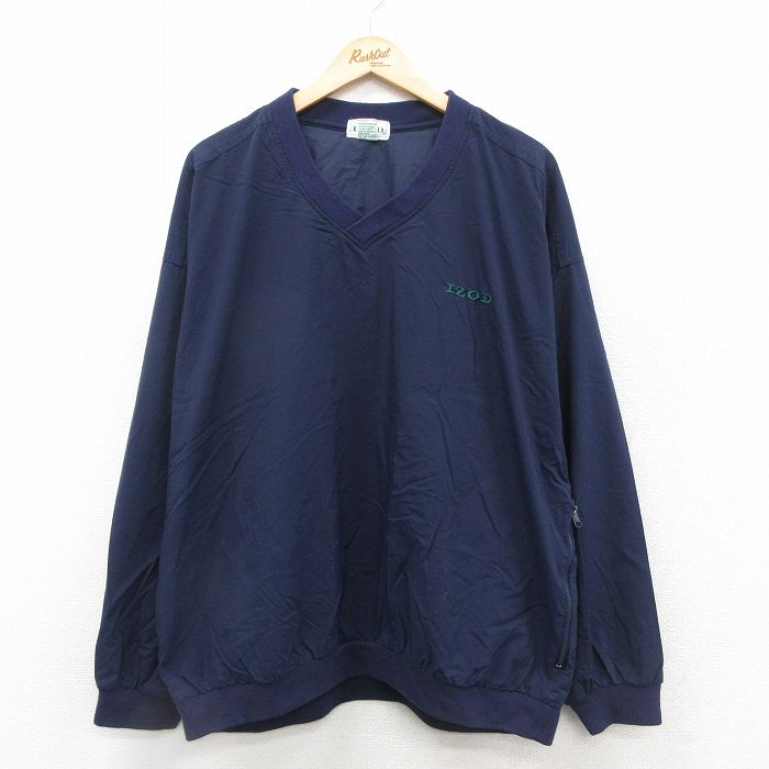 XL★古着 IZOD 長袖 ナイロン ジャケット メンズ 90年代 90s ワンポイントロゴ 大きいサイズ Vネック 濃紺 ネイビー 25sep25 中古 アウター ウインドブレーカー