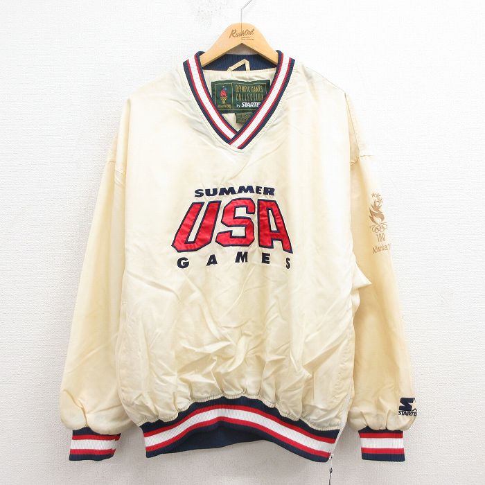 XL★古着 スターター STARTER 長袖 ナイロン ジャケット メンズ 90年代 90s オリンピック USAロゴ 薄ベージュ カーキ 【spe】 25sep26 中古 アウター ウインドブレーカー