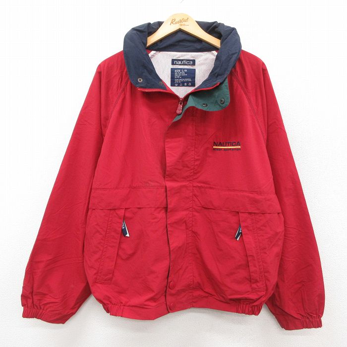 XL★古着 ノーティカ NAUTICA 長袖 ブランド ナイロン ジャケット メンズ 90年代 90s ワンポイントロゴ ラグラン 大きいサイズ 赤 レッド 内側メッシュ 25sep27 中古 アウター ウインドブレーカー