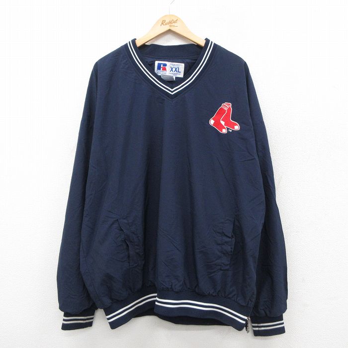 XL★古着 ラッセル 長袖 ナイロン ジャケット メンズ 00年代 00s MLB ボストンレッドソックス 大きいサイズ Vネック 紺 ネイビー メジャーリーグ ベースボール 野球 25sep29 中古 アウター ウインドブレーカー