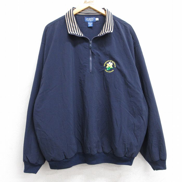 XL★古着 長袖 ハーフジップ ナイロン ジャケット メンズ 90年代 90s ミシガン大学 ゴルフ 大きいサイズ USA製 紺 ネイビー 25sep30 中古 アウター ウインドブレーカー