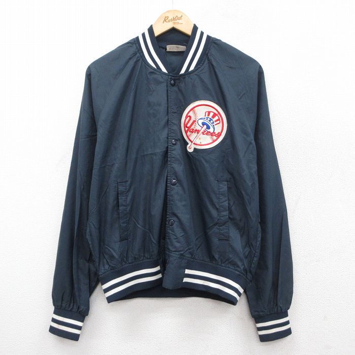 L★古着 チョークライン 長袖 ナイロン ジャケット スタジャン メンズ 90年代 90s MLB ニューヨークヤンキース ラグラン 紺 ネイビー メジャーリーグ ベースボール 野球 25oct01 中古 アウター ウインドブレーカー