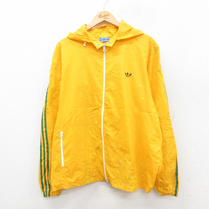 L★古着 アディダス adidas 長袖 ナイロン ジャケット パーカー メンズ 70年代 70s ワンポイントロゴ リーフ トレフォイル フランス製 黄 イエロー 3本ライン 【spe】 25oct08 中古 アウター ウインドブレーカー