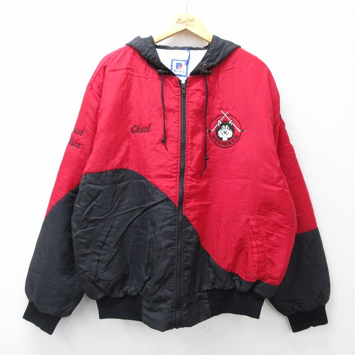 XL★古着 長袖 ナイロン ジャケット パーカー メンズ 90年代 90s ヘニカー ホッケー ツートンカラー 大きいサイズ USA製 赤他 レッド 内側キルティング 【spe】 25oct11 中古 アウター ウインドブレーカー