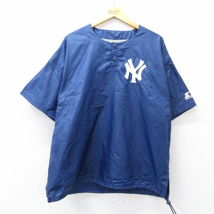 XL★古着 スターター STARTER 半袖 ナイロン ジャケット メンズ MLB ニューヨークヤンキース ヘンリーネック 紺 ネイビー メジャーリーグ ベースボール 野球 内側メッシュ 25oct14 中古 アウター ウインドブレーカー