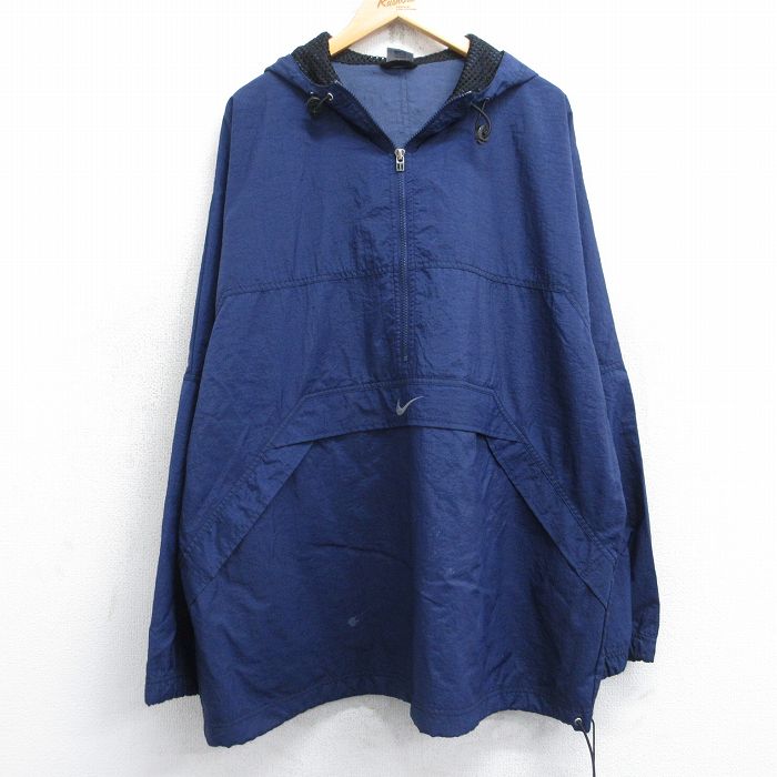 XL★古着 ナイキ NIKE 長袖 ナイロン ジャケット アノラック パーカー メンズ 90年代 90s ワンポイントロゴ センターウォッシュ 大きいサイズ ロング丈 紺 ネイビー 【spe】 25oct20 中古 アウター ウインドブレーカー
