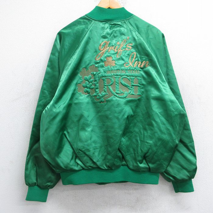 XL★古着 長袖 ナイロン ジャケット メンズ 80年代 80s アイリッシュ ノートルダム 刺繍 ラグラン USA製 緑 グリーン 【spe】 25oct24 中古 アウター ウインドブレーカー