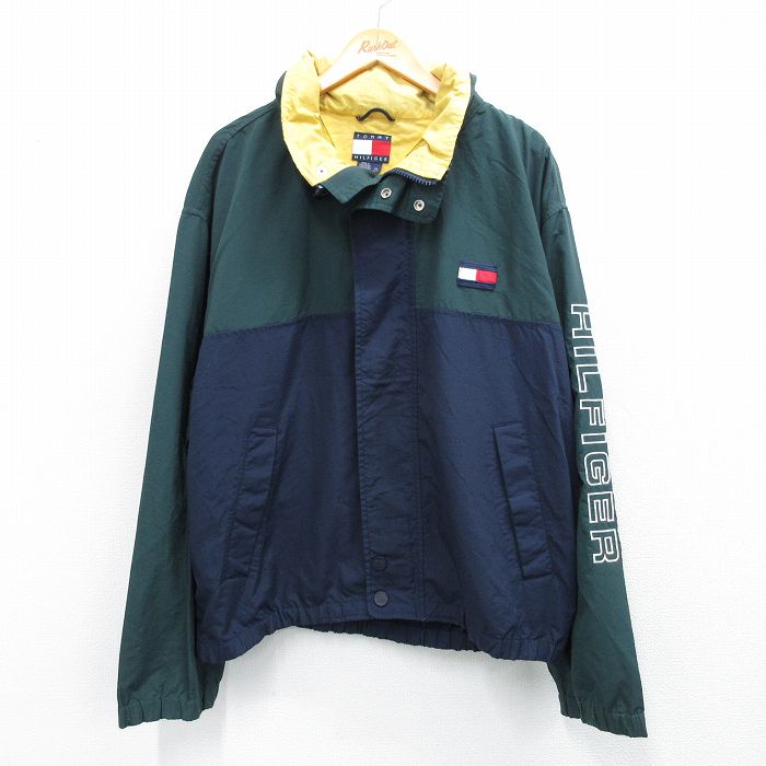 XL★古着 トミーヒルフィガー TOMMY HILFIGER 長袖 ブランド ナイロン ジャケット メンズ 90年代 90s ビッグロゴ 大きいサイズ 緑他 グリーン 内側メッシュ 25oct24 中古 アウター ウインドブレーカー