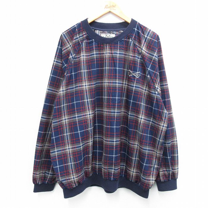 XL★古着 IZOD 長袖 ナイロン ジャケット メンズ 90年代 90s ワンポイントロゴ ラグラン 大きいサイズ クルーネック 紺他 ネイビー チェック 25oct24 中古 アウター ウインドブレーカー