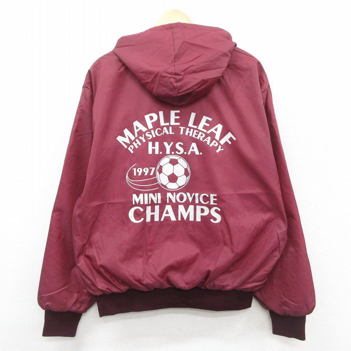 XL★古着 長袖 ハーフジップ ナイロン ジャケット パーカー メンズ 90年代 90s サッカー メイプルリーフ 大きいサイズ USA製 エンジ 25oct28 中古 アウター ウインドブレーカー