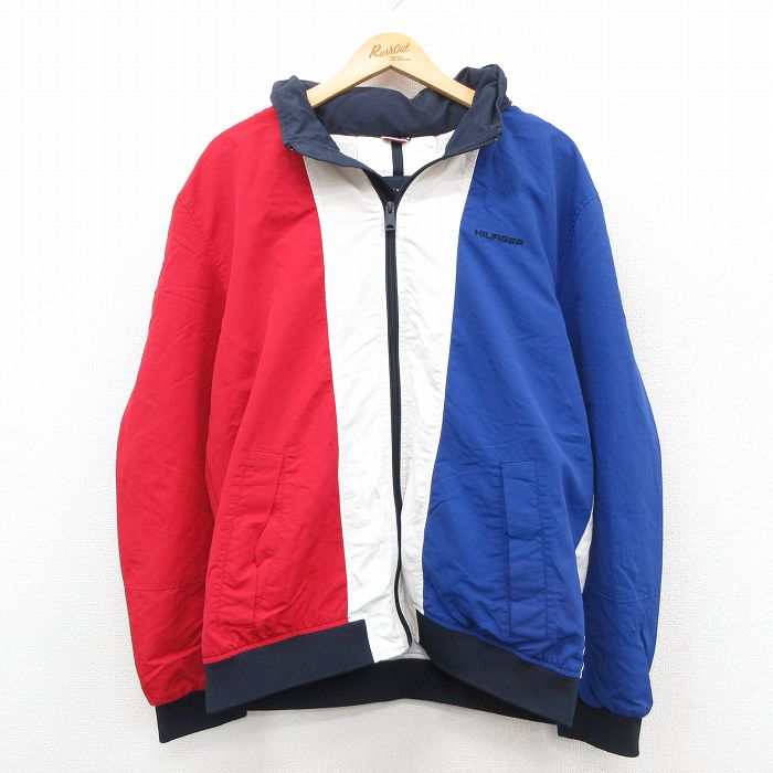 【20%OFF】L★古着 トミーヒルフィガー TOMMY HILFIGER 長袖 ブランド ナイロン ジャケット メンズ ワンポイントロゴ マルチカラー 青他 ブルー 内側メッシュ 25oct31 中古 アウター ウインドブレーカー