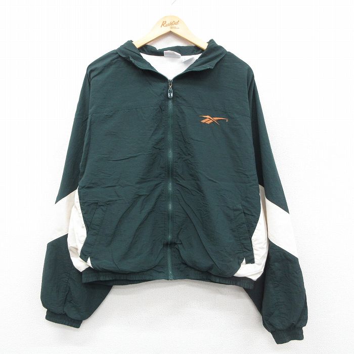 XL★古着 リーボック REEBOK 長袖 ナイロン ジャケット メンズ 90年代 90s ビッグロゴ 刺繍 濃緑他 グリーン 【spe】 25oct31 中古 アウター ウインドブレーカー