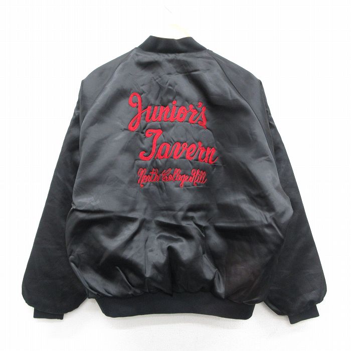 XL★古着 Dunbrooke 長袖 ナイロン ジャケット メンズ 80年代 80s juniors 刺繍 チェーンステッチ刺繍 ラグラン USA製 黒 ブラック 内側キルティング 25oct31 中古 アウター ウインドブレーカー