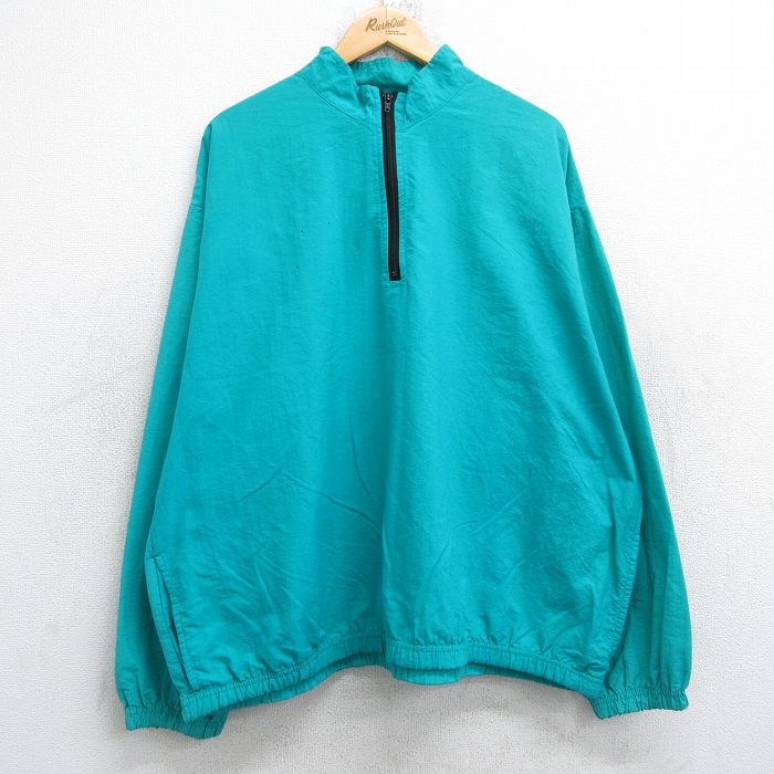 XL★古着 サーフスタイル 長袖 ハーフジップ ナイロン ジャケット メンズ 90年代 90s 大きいサイズ USA製 青緑系 25nov04 中古 アウター ウインドブレーカー